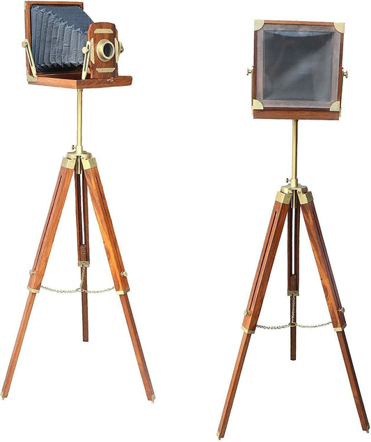 Vintage Wooden Tripod Camera – Antique Photography Decor, Nautical Office Accent