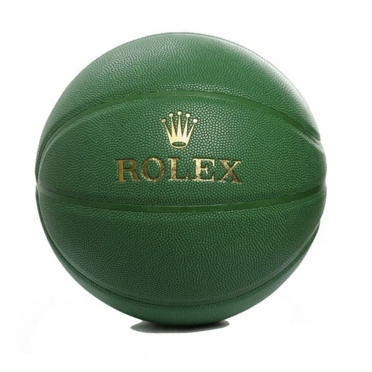 Green basketball with Rolex logo on a white background